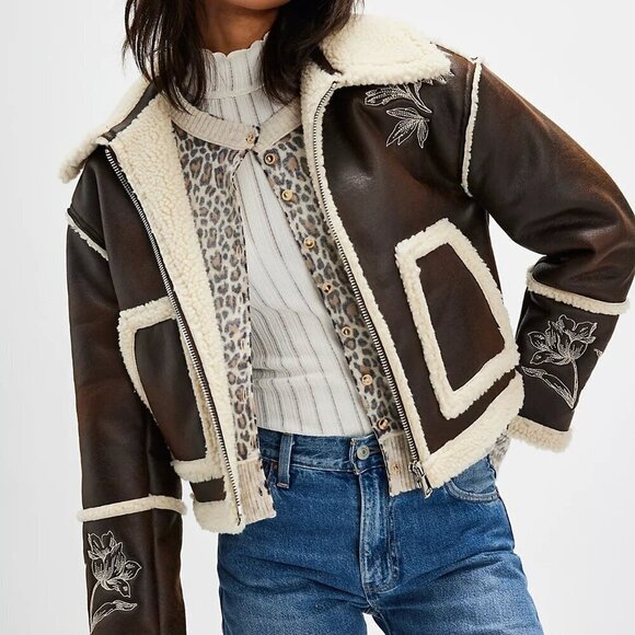 DRIFTWOOD Jackets & Blazers - NWT $218 DRIFTWOOD Silas Faux Leather Shearling Floral Embroidery Jacket Boho XS
